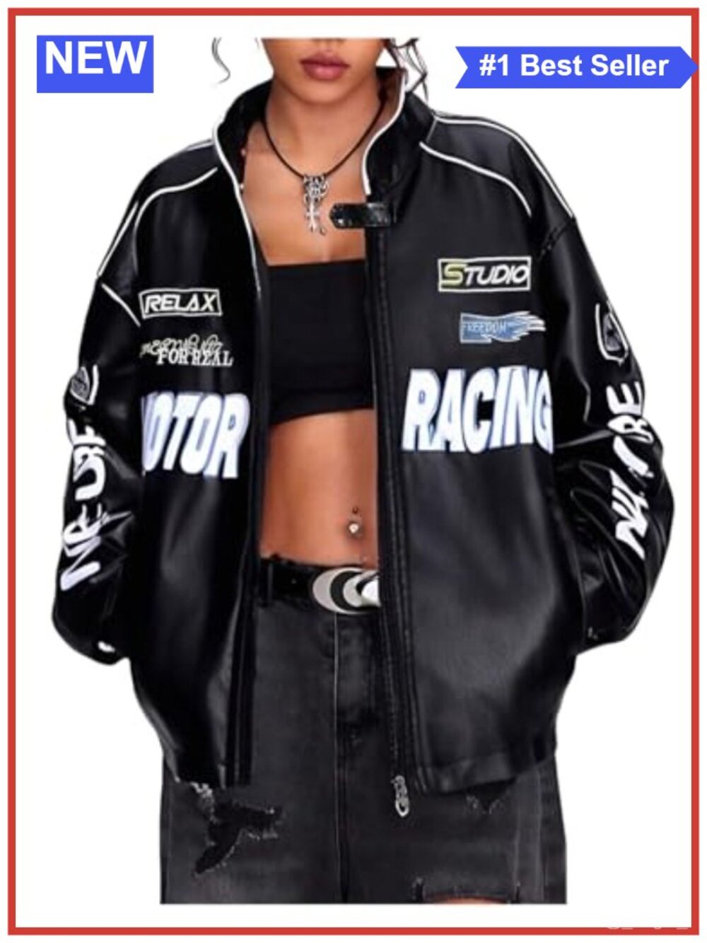 Faux Leather Racer Jacket Y2k Graphic Streetwear Oversized Coat